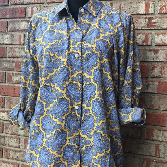 🚨B2G1 MICHAEL MICHAEL KORS Satin Gold & Blue Print Long Sleeved Buttoned Blouse - Picture 1 of 7